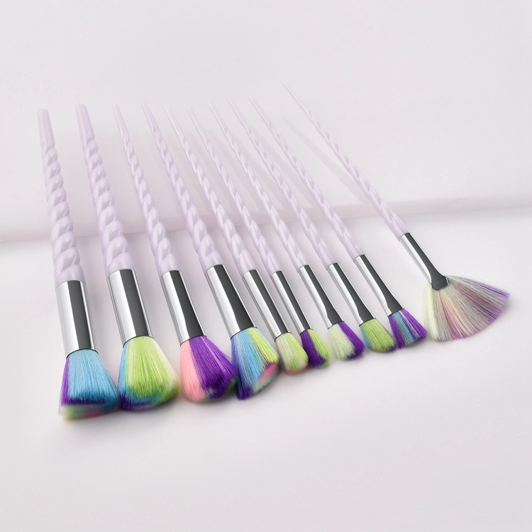 Hot Sale 10PCS Rainbow Hair Makeup Brushes Unicorn Spiral Thread Eyebrow Eyeliner Lip Brushes Professional Nose Base Fan Make up Brush